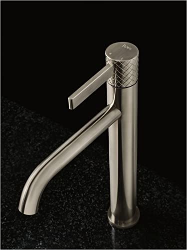 Polished nickel single-handle tall lavatory faucet with curved spout and textured cylindrical handle.