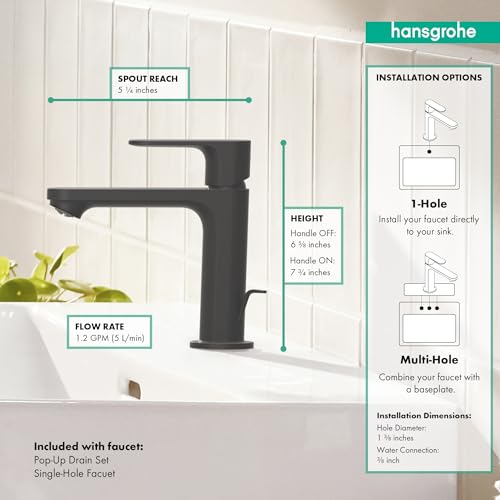 Matte black single-hole bathroom faucet with tall angular spout, pop-up drain, and 5.5-inch spout reach.