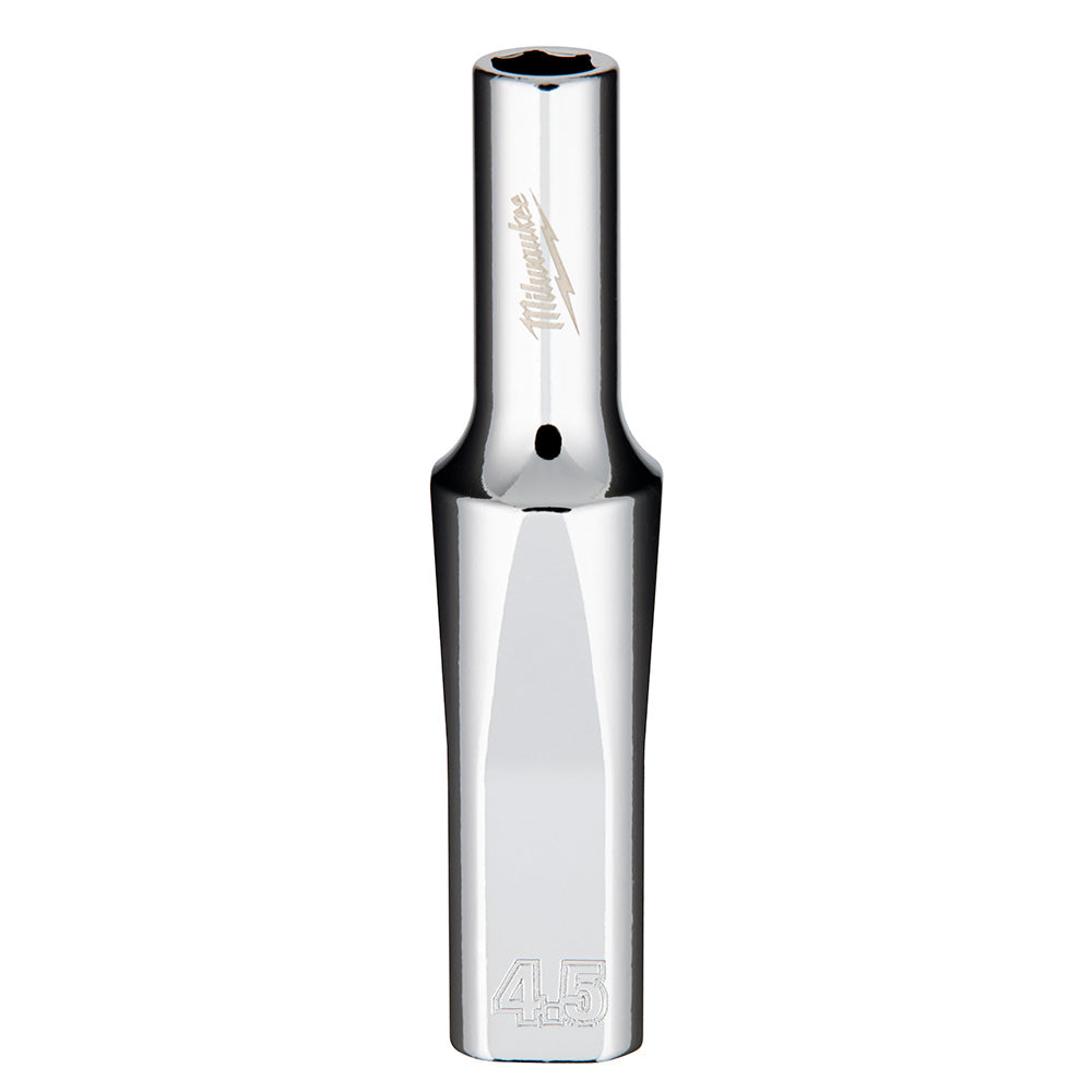 Polished chrome 1/4" drive deep socket with 4.5mm hex opening and Milwaukee branding.