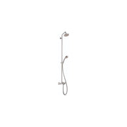 Chrome shower pipe with overhead and handheld showerheads, control valve, and tub filler spout.