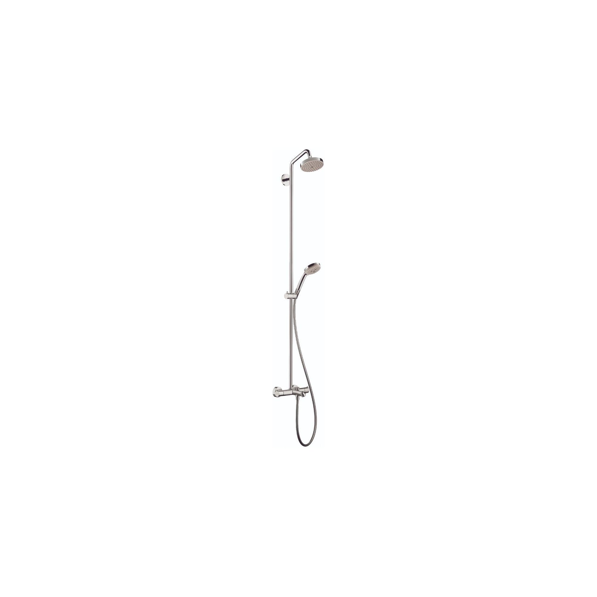Chrome shower pipe with overhead and handheld showerheads, control valve, and tub filler spout.