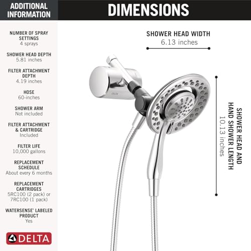 Chrome dual showerhead with 4-spray settings and filter attachment, showing 6.13-inch width and 10.13-inch height dimensions.