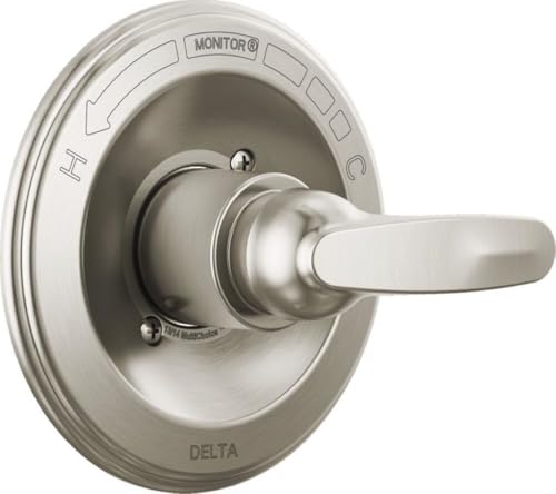 Delta Foundations Monitor 13 Series single-handle valve trim in brushed nickel finish with lever handle.