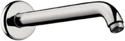 Chrome shower arm with circular wall mount and angled spout extending horizontally.