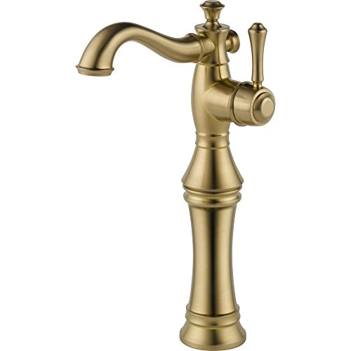 Brass single-handle bathroom faucet with curved spout, tall pedestal base, and lever handle.
