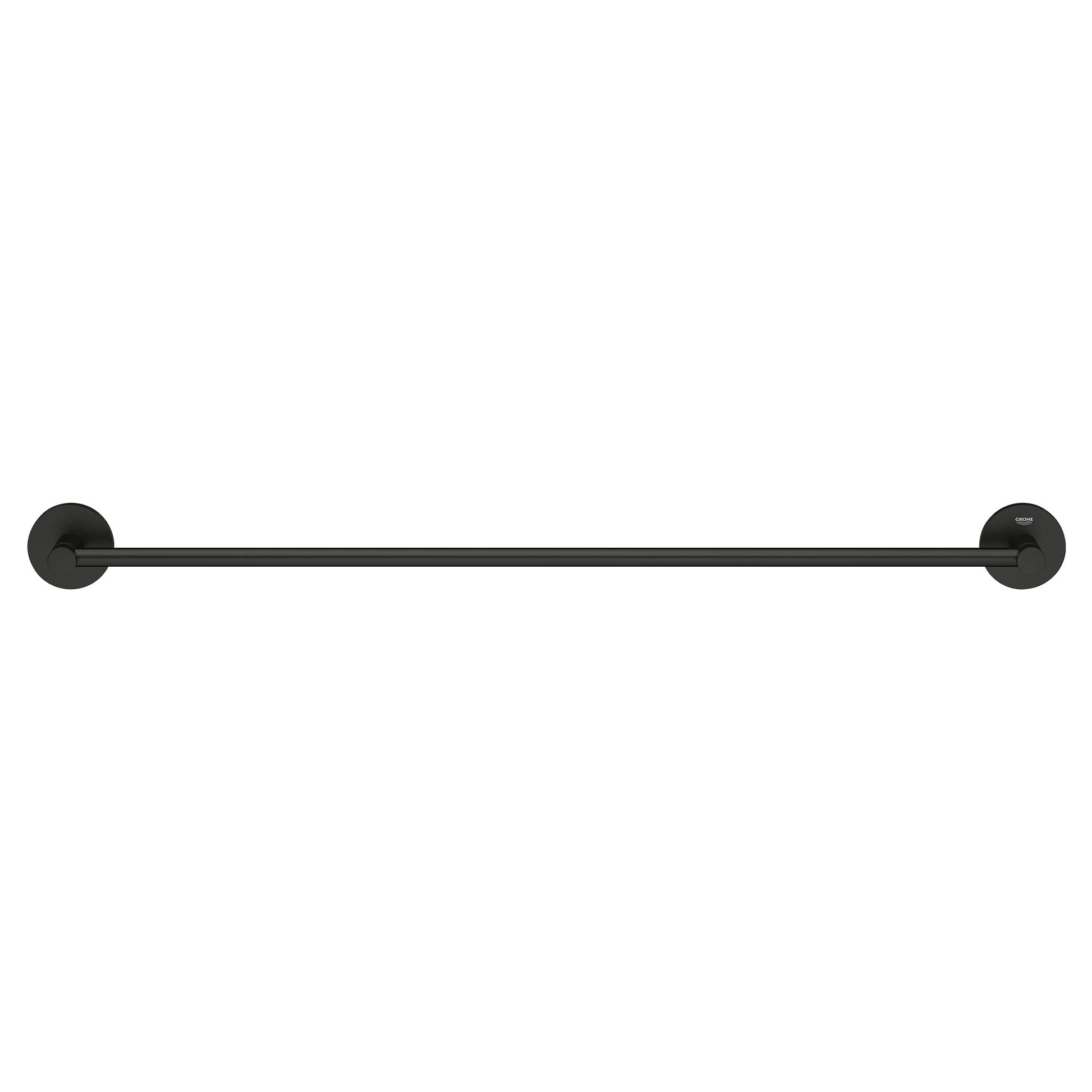 Matte black 24-inch towel bar with circular wall-mounted brackets on each end.