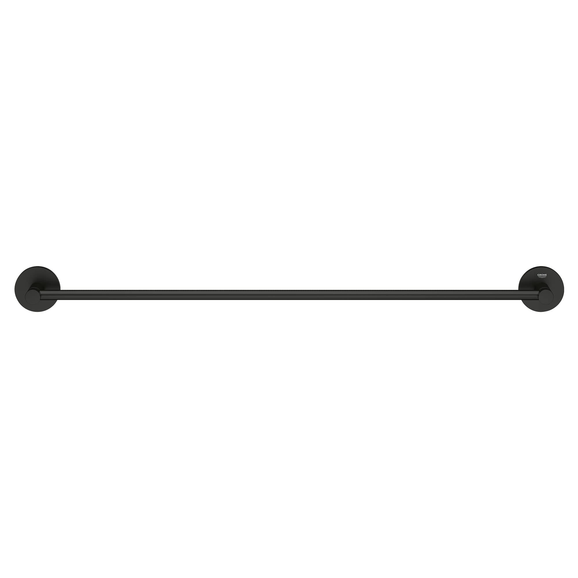 Matte black 24-inch towel bar with circular wall-mounted brackets on each end.