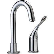 Chrome single-handle bar faucet with gooseneck spout and lever control.