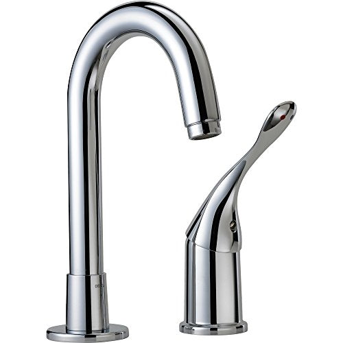 Chrome single-handle bar faucet with gooseneck spout and lever control.