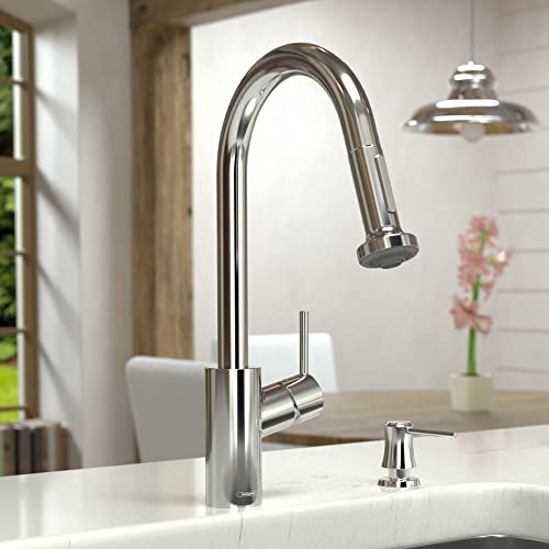 Polished nickel high-arc kitchen faucet with pull-down spray head and dual lever handles mounted on white sink.