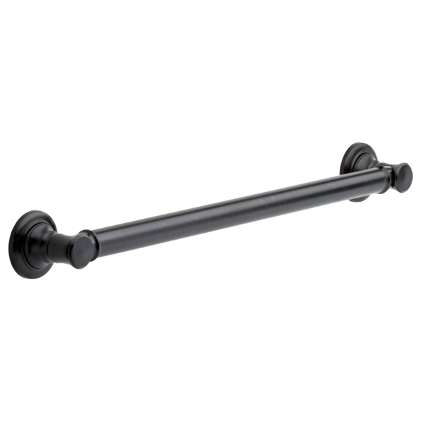 Black metal grab bar with decorative circular wall mounts at each end.