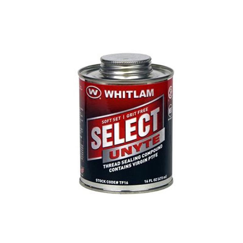 Whitlam SELECT-UNYTE PTFE thread sealing compound in red and black metal can with metal screw-top cap.