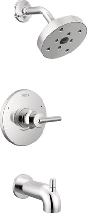 Chrome shower trim set with round showerhead, valve trim plate with lever handle, and tub spout.