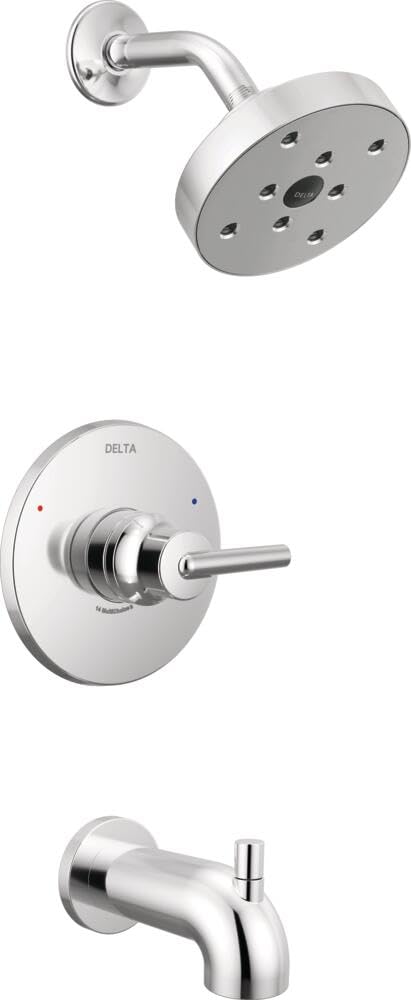 Chrome shower trim set with round showerhead, valve trim plate with lever handle, and tub spout.