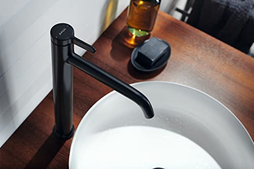 Matte black single-hole bathroom faucet with tall curved spout installed on white round sink.
