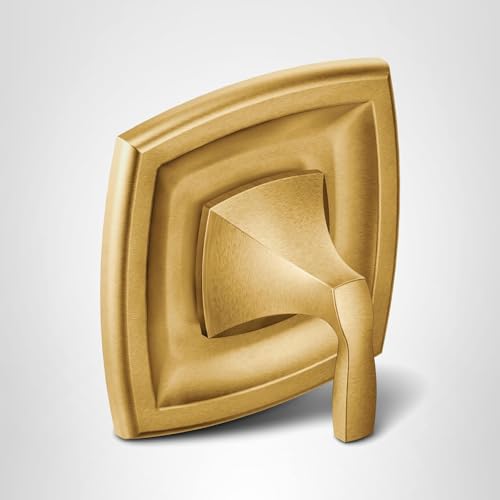 Gold-finish single-handle shower valve trim with curved square design and lever control.