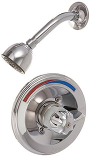Chrome shower trim with single handle blade, adjustable showerhead, and temperature control dial with red and blue indicators