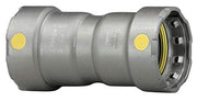 Viega 1" press coupling in silver zinc-nickel coating with yellow pressure indicators and black threading on one end.