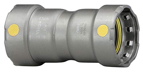 Viega 1" press coupling in silver zinc-nickel coating with yellow pressure indicators and black threading on one end.