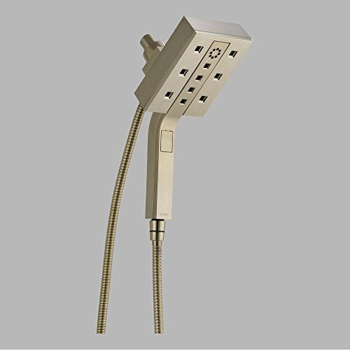 Brushed nickel square shower head with multiple spray jets and handheld wand connected by flexible hose.