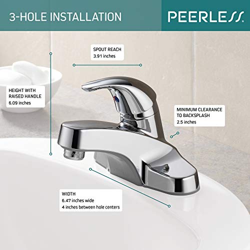 Chrome single-handle bathroom faucet with curved spout and measurement specifications for 3-hole installation.