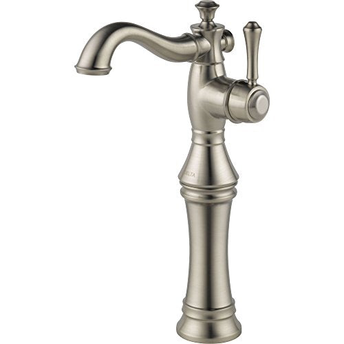 Brushed nickel single-handle bathroom faucet with curved spout and tall pedestal base.