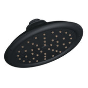 Black wrought iron rainfall showerhead with 7-inch round spray face and multiple jets.