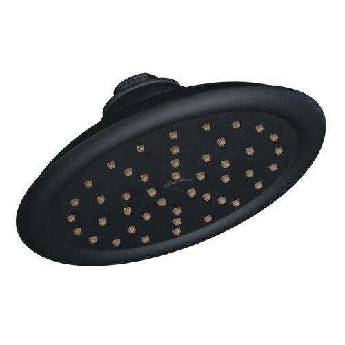 Black wrought iron rainfall showerhead with 7-inch round spray face and multiple jets.