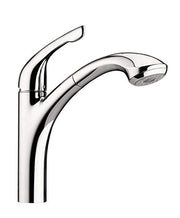 Chrome kitchen faucet with curved spout and pull-out spray head on white background.