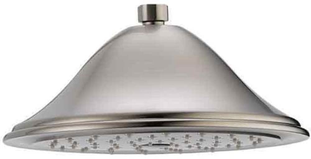 Stainless steel raincan shower head with wide dome shape and multiple water jets on underside.