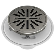 Round shower drain with dark steel grate featuring radial slot pattern, white flange, and mounting screws.