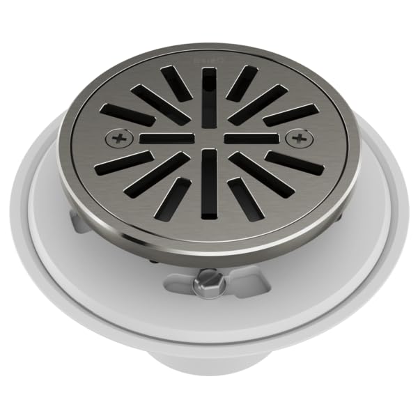Round shower drain with dark steel grate featuring radial slot pattern, white flange, and mounting screws.