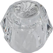 Clear acrylic knob handle with decorative swirl pattern and metal mounting tabs.