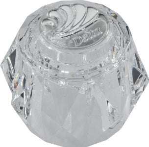 Clear acrylic knob handle with decorative swirl pattern and metal mounting tabs.