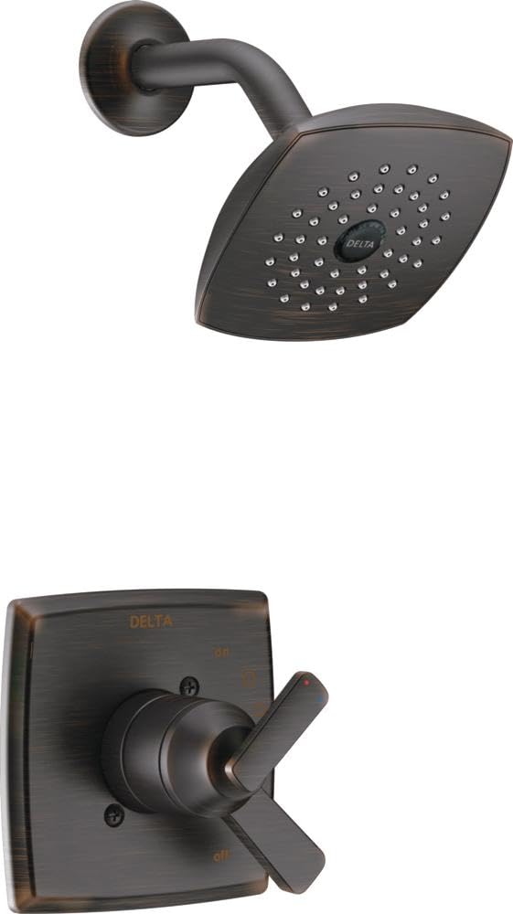 Dark bronze shower trim with square showerhead, curved arm, and dual-handle valve control plate.