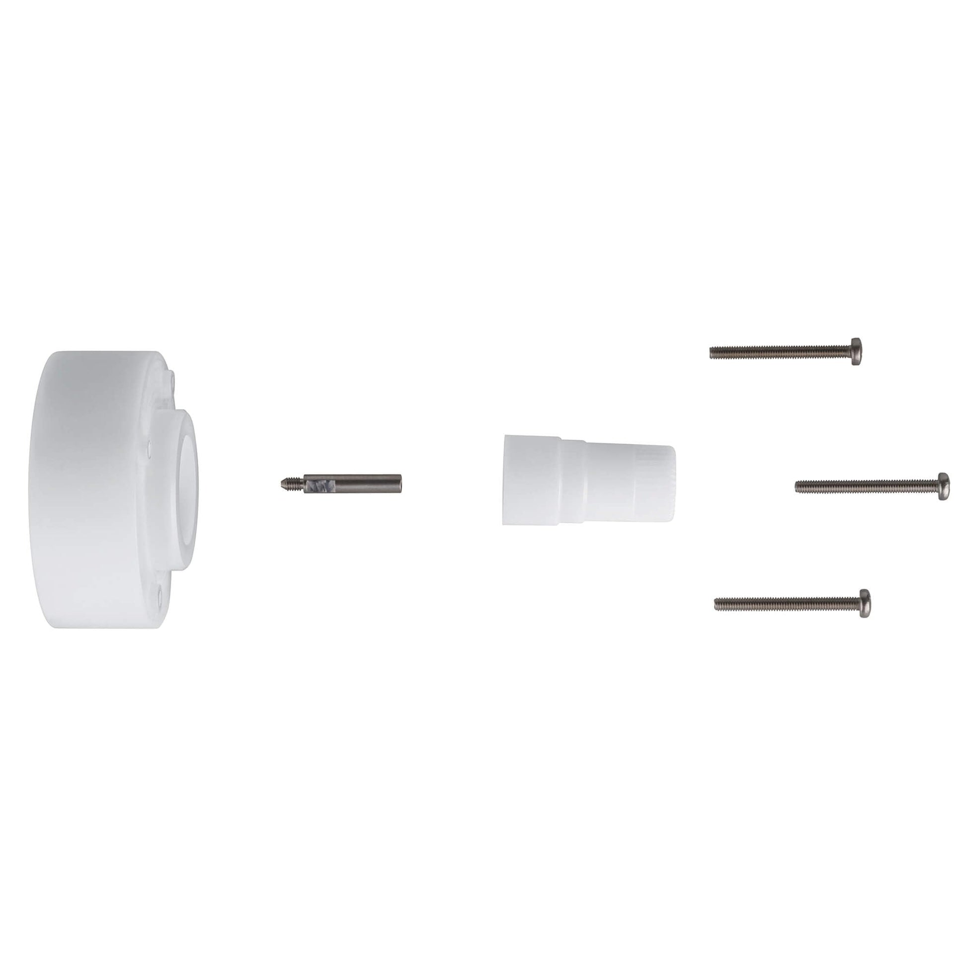Chrome extension kit with white plastic collar, metal adapter, and three threaded bolts for Grohe repair.