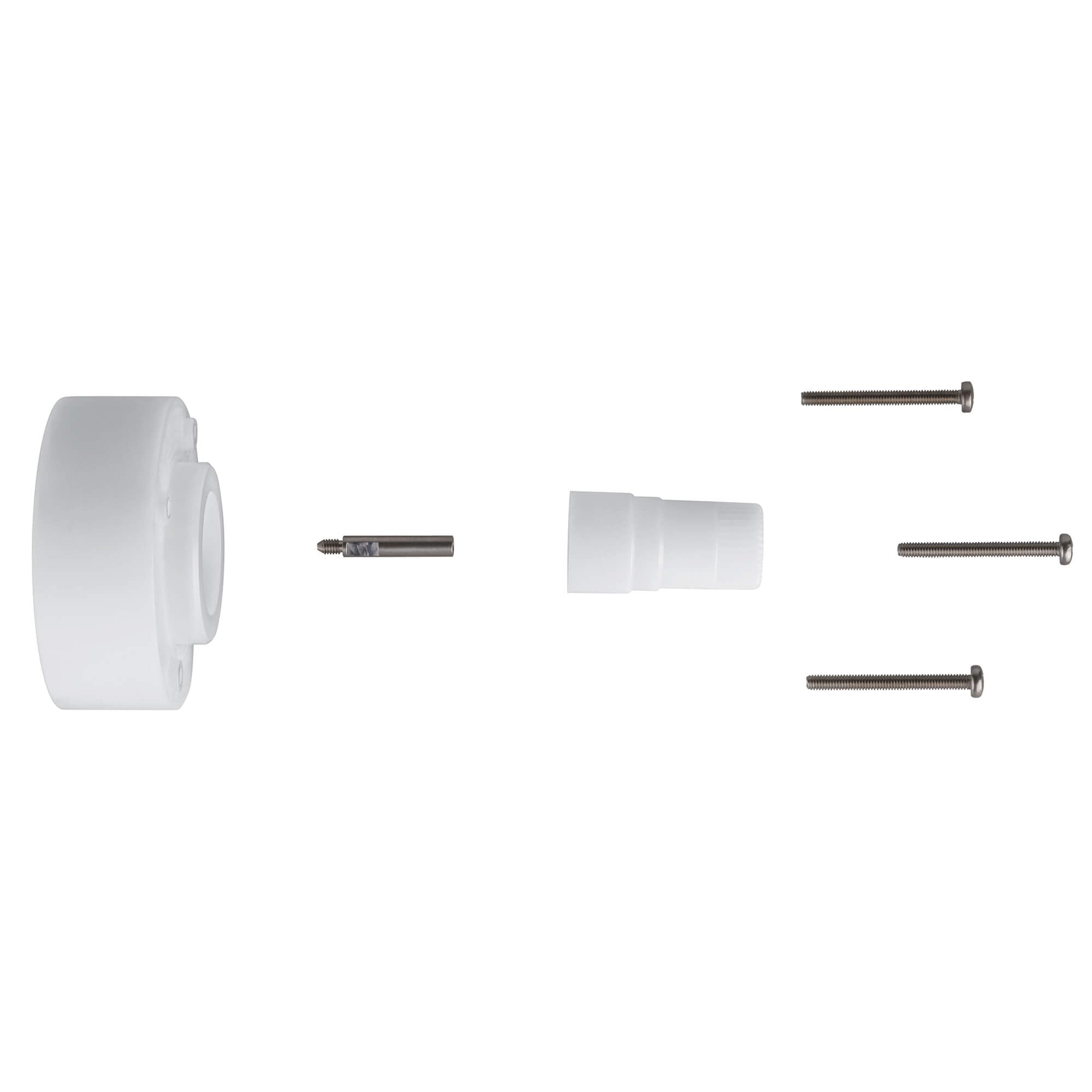 Chrome extension kit with white plastic collar, metal adapter, and three threaded bolts for Grohe repair.