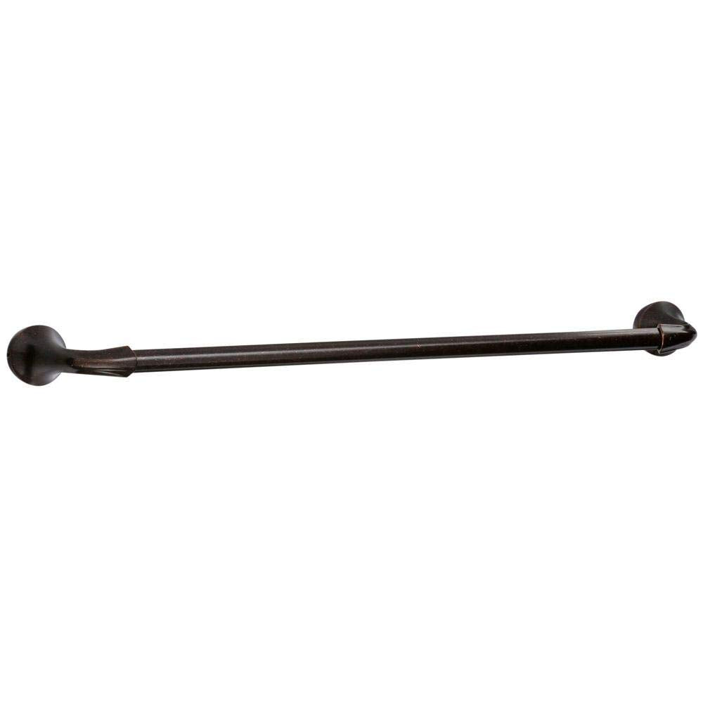 Oil rubbed bronze towel bar with spherical mounting flanges on each end, 24 inches long.