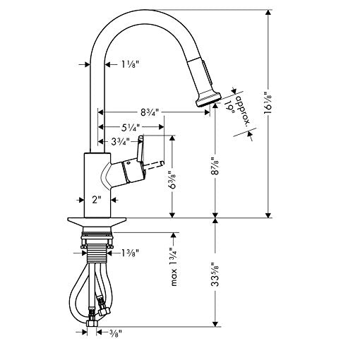 Hansgrohe Talis S2 high arc kitchen faucet with pull-down spray head in steel optic finish, shown with technical dimension sp