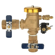 FEBCO T765DUB brass pressure vacuum breaker with 3/4 inch union connections and dual blue ball valves.
