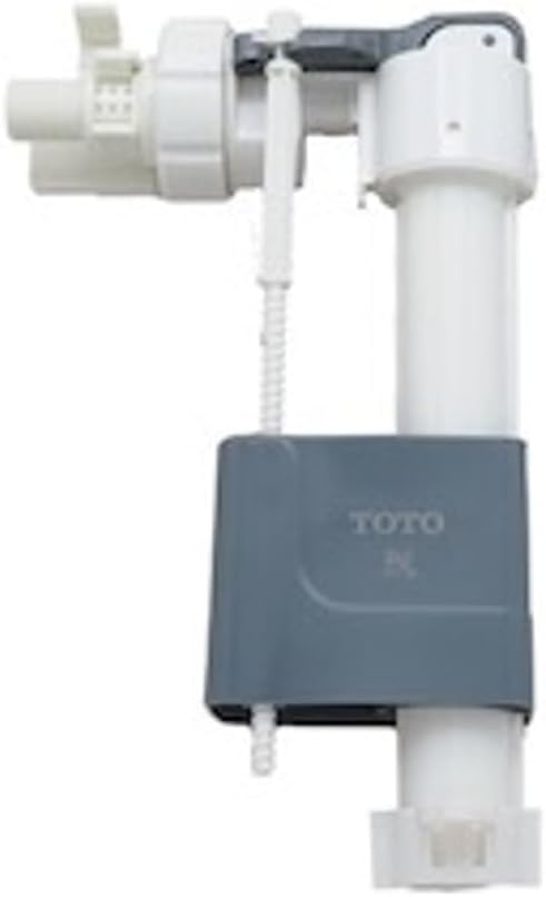 TOTO fill valve assembly with white plastic components, gray actuator arm, and dark gray water tank float mechanism.