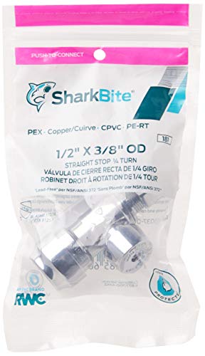 SharkBite straight stop valve with 1/2 inch push connection and 3/8 inch compression fitting in clear packaging.