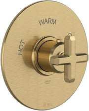 Antique gold round thermostatic trim with cross handle, labeled hot and warm settings.
