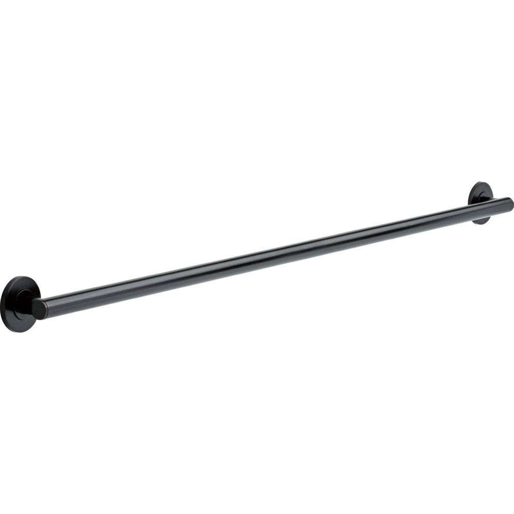 Chrome cylindrical grab bar with matte black mounting flanges on each end.