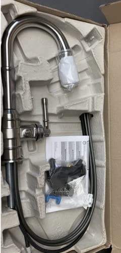 Chrome single handle pull-down bar faucet with coiled hose and mounting hardware in packaging.