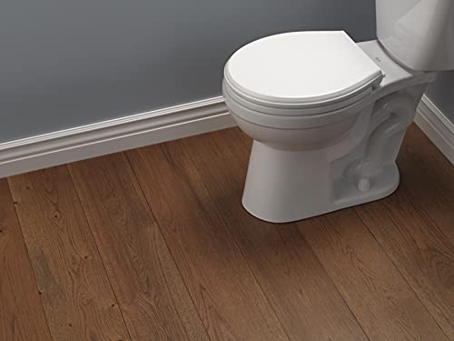White round toilet seat with slow-close lid installed on white porcelain bowl.