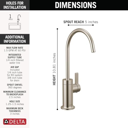 Stainless steel contemporary beverage faucet with curved spout, 5-inch reach, 10.8-inch height, and single lever handle.