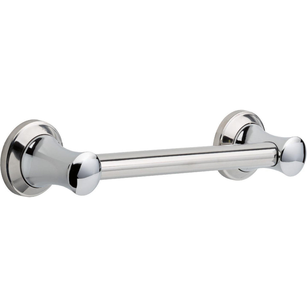 Chrome grab bar with cylindrical handles mounted on circular wall flanges.