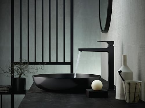 Matte black single-hole faucet with tall lever handle mounted above round black sink on countertop.