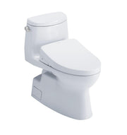 White one-piece elongated toilet with integrated bidet seat and dual control panel on side.